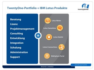 TwentyOne-Portfolio + IBM Lotus Produkte


  Beratung
  Lizenz
  Projektmanagement
  Consulting
  Entwicklung
  Integration
  Schulung
  Administration
  Support


                      Smarter arbeiten
 