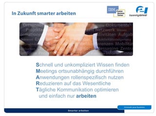 In Zukunft smarter arbeiten




          Schnell und unkompliziert Wissen finden
          Meetings ortsunabhängig durchführen
          Anwendungen rollenspezifisch nutzen
          Reduzieren auf das Wesentliche
          Tägliche Kommunikation optimieren
           und einfach nur arbeiten

                       Smarter arbeiten
 