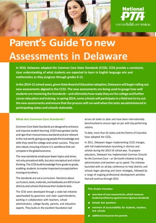 Parent’s GuideTo new
Assessments in Delaware
In 2010, Delaware adopted the Common Core State Standards (CCSS). CCSS provide a consistent,
clear understanding of what students are expected to learn in English language arts and
mathematics as they progress through grades K-12.
Inthe2014-15schoolyears,givenStateBoardofEducationadoption,Delawarewillbeginrollingout
new assessments alignedto the CCSS. The new assessments are being used to gauge how well
studentsaremasteringtheStandards–andultimatelyhowreadytheyareforcollegeandfurther
careereducationandtraining.Inspring2014,someschoolswillparticipateinafieldtesttotryout
thenew assessments andensurethattheprocesswillrunwellwhenthe tests areadministeredin
participatingstatesand schoolsstatewide.
What Are Common Core Standards?
CommonCoreStateStandardsaredesignedtoenhance
andimprovestudentlearning.CCSShavegreaterclarity
andrigorthanmostpreviousstandardsandarerelevant
totherealworld,givingyoungpeopletheknowledgeand
skills they need for college and career success. They are
alsorobust,ensuringa futureU.S.workforcethatcan
competeintheglobaleconomy.
Thenew standards emphasize fewer topics and stress
notonly proceduralskills, butalso conceptual and critical
thinking.TheCCSSbuildknowledgefromgradetograde,
enabling students tomasterimportantconceptsbefore
movingontoothers.
Thestandardsarenota curriculum.Decisionsabout
curriculum,tools,materials,andtextbooksarelefttolocal
districtsandschoolsthatknowtheirstudentsbest.
The CCSS were developed through a state-led initiative
spearheaded by governors and state superintendents,
working in collaboration with teachers, school
administrators, college faculty, parents, and education
experts. They build on the excellent foundation laid
across all states to date and have been internationally
benchmarked to ensure rigor on par with top performing
nations.
To date, more than 45 states and the District of Columbia
have adopted the CCSS.
In 2011, Delaware began implementing CCSS changes,
with full implementation launching in districts and
schools during the 2013-14 school year. To prepare
educators, Delaware has implemented Common Ground
for the Common Core – an 18-month initiative to bring
administrators and teachers up to speed. The initiative
launched with an all-day conference to help districts and
schools begin planning and share strategies, followed by
a range of ongoing professional development activities
thatwill continuethrough 2014.
This Guide Includes:
■ overview of new assessments, which measure
studentproficiencyagainstmorerigorousstandards
■ Sample test questions
■ overview of accountability for students, teachers,
and schools
■ additionalresources for parents
 