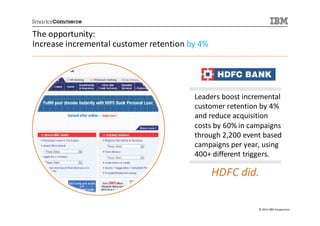 The opportunity:
Increase incremental customer retention by 4%




                                         Leaders boost incremental
                                         customer retention by 4%
                                         and reduce acquisition
                                         costs by 60% in campaigns
                                         through 2,200 event based
                                         campaigns per year, using
                                         400+ different triggers.

                                                HDFC did.

                                                           © 2013 IBM Corporation
 