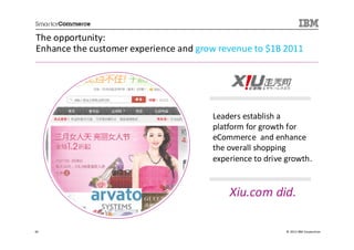 The opportunity:
Enhance the customer experience and grow revenue to $1B 2011




                                       Leaders establish a
                                       platform for growth for
                                       eCommerce and enhance
                                       the overall shopping
                                       experience to drive growth.


                                           Xiu.com did.

46                                                        © 2013 IBM Corporation
 