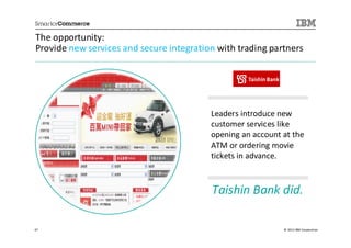 The opportunity:
Provide new services and secure integration with trading partners




                                          Leaders introduce new
                                          customer services like
                                          opening an account at the
                                          ATM or ordering movie
                                          tickets in advance.



                                          Taishin Bank did.

47                                                           © 2013 IBM Corporation
 