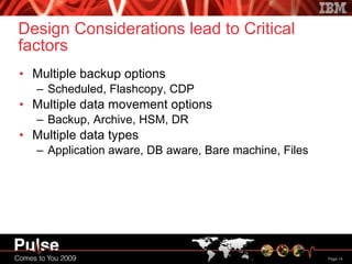 Design Considerations lead to Critical factors Multiple backup options Scheduled, Flashcopy, CDP Multiple data movement options Backup, Archive, HSM, DR Multiple data types Application aware, DB aware, Bare machine, Files 