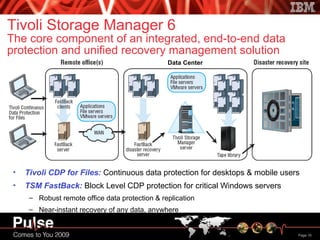 Tivoli Storage Manager 6   The core component of an integrated, end-to-end data protection and unified recovery management solution Tivoli CDP for Files:  Continuous data protection for desktops & mobile users TSM FastBack:  Block Level CDP protection for critical Windows servers Robust remote office data protection & replication Near-instant recovery of any data, anywhere Data Center  