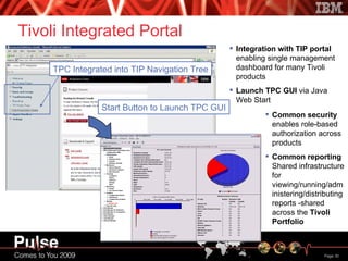 Tivoli Integrated Portal TPC Integrated into TIP Navigation Tree Start Button to Launch TPC GUI Integration with TIP portal  enabling single management dashboard for many Tivoli products Launch TPC GUI  via Java Web Start Common security  enables role-based authorization across products Common reporting  Shared infrastructure for viewing/running/administering/distributing reports -shared across the  Tivoli Portfolio 
