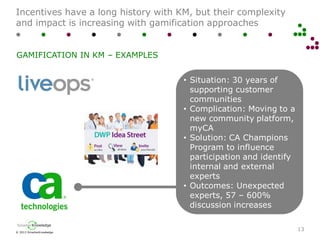 © 2013 SmarterKnowledge
SmarterKnowledge
Incentives have a long history with KM, but their complexity
and impact is increasing with gamification approaches
13
GAMIFICATION IN KM – EXAMPLES
• Situation: 30 years of
supporting customer
communities
• Complication: Moving to a
new community platform,
myCA
• Solution: CA Champions
Program to influence
participation and identify
internal and external
experts
• Outcomes: Unexpected
experts, 57 – 600%
discussion increases
 