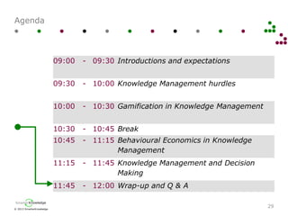 © 2013 SmarterKnowledge
SmarterKnowledge
Agenda
29
09:00 - 09:30 Introductions and expectations
09:30 - 10:00 Knowledge Management hurdles
10:00 - 10:30 Gamification in Knowledge Management
10:30 - 10:45 Break
10:45 - 11:15 Behavioural Economics in Knowledge
Management
11:15 - 11:45 Knowledge Management and Decision
Making
11:45 - 12:00 Wrap-up and Q & A
 