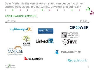 © 2013 SmarterKnowledge
SmarterKnowledge
Gamification is the use of rewards and competition to drive
desired behaviours and outcomes, privately and publically
6
GAMIFICATION EXAMPLES
Private Public
 