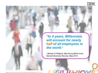 Collaboration Agenda 2.0




                                                                             “In 4 years, Millennials
                                                                             will account for nearly
                                                                             half of all employees in
                                                                             the world.”
                                                                             - Meister & Willyerd, Mentoring Millennials,
                                                                             Harvard Business Review, May 2010




Image source: http://w w w .f lickr.com/photos/victoriapeckham (CC BY 2.0)
 