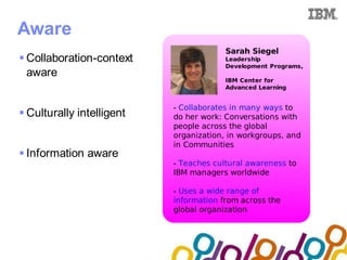 Collaboration Agenda 2.0


Aware
                                           Sarah Siegel
 Collaboration-context                    Leadership
                                           Development Programs,
  aware
                                           IBM Center for
                                           Advanced Learning


                              - Collaborates in many ways to
 Culturally intelligent      do her work: Conversations with
                              people across the global
                              organization, in workgroups, and
                              in Communities
 Information aware
                              - Teaches cultural awareness to
                              IBM managers worldwide

                              - Uses a wide range of
                              information from across the
                              global organization
 