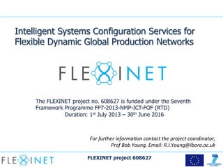 Intelligent Systems Configuration Services for 
Flexible Dynamic Global Production Networks 
The FLEXINET project no. 608627 is funded under the Seventh 
Framework Programme FP7-2013-NMP-ICT-FOF (RTD) 
Duration: 1st July 2013 – 30th June 2016 
For 
further 
informa.on 
contact 
the 
project 
coordinator, 
Prof 
Bob 
Young. 
Email: 
R.I.Young@lboro.ac.uk 
FLEXINET project 608627 
 