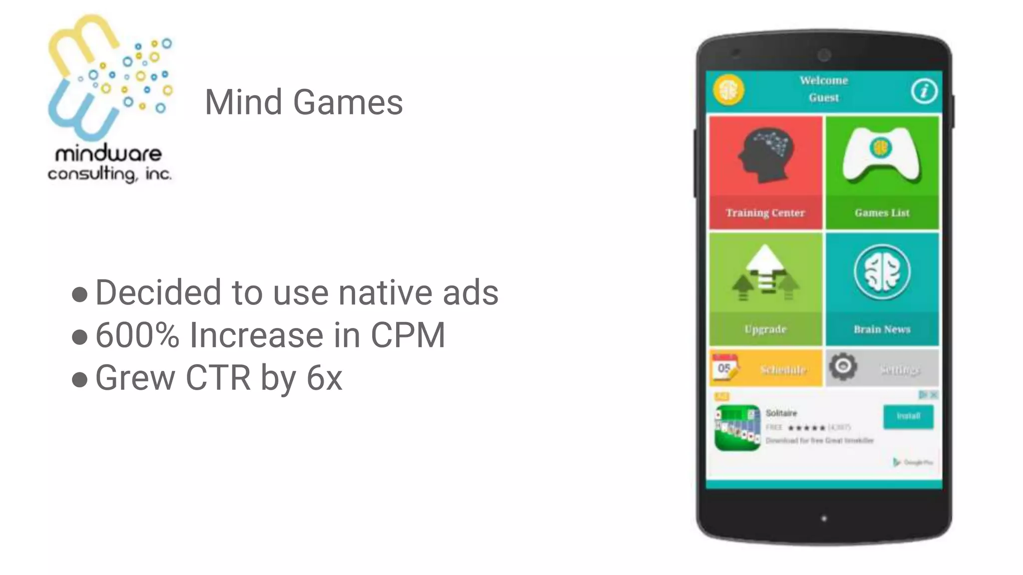 ●Decided to use native ads
●600% Increase in CPM
●Grew CTR by 6x
Mind Games
 