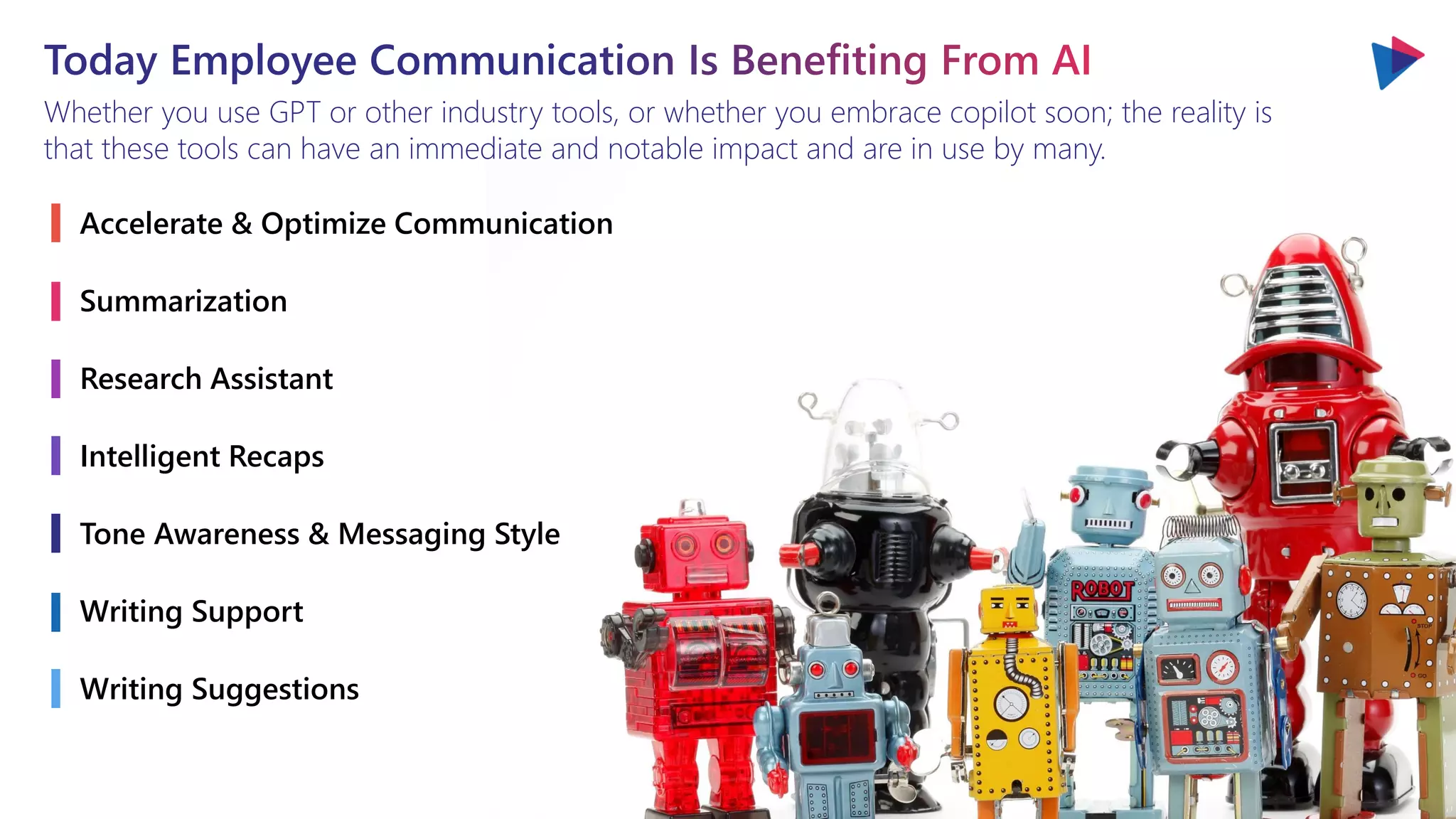 Whether you use GPT or other industry tools, or whether you embrace copilot soon; the reality is
that these tools can have an immediate and notable impact and are in use by many.
Accelerate & Optimize Communication
Summarization
Research Assistant
Intelligent Recaps
Tone Awareness & Messaging Style
Writing Support
Writing Suggestions
 
