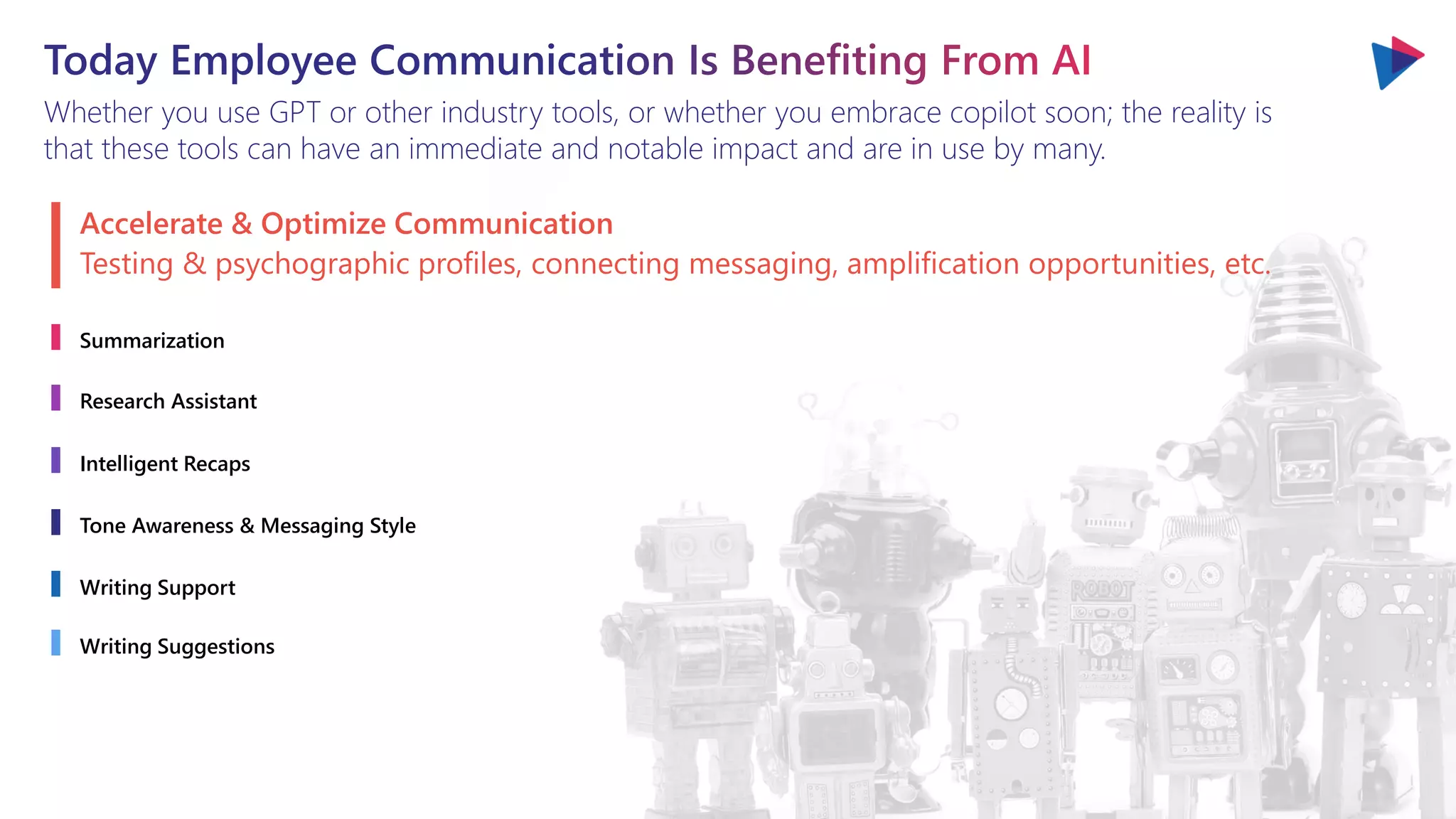 Whether you use GPT or other industry tools, or whether you embrace copilot soon; the reality is
that these tools can have an immediate and notable impact and are in use by many.
Accelerate & Optimize Communication
Summarization
Research Assistant
Intelligent Recaps
Tone Awareness & Messaging Style
Writing Support
Writing Suggestions
Testing & psychographic profiles, connecting messaging, amplification opportunities, etc.
 
