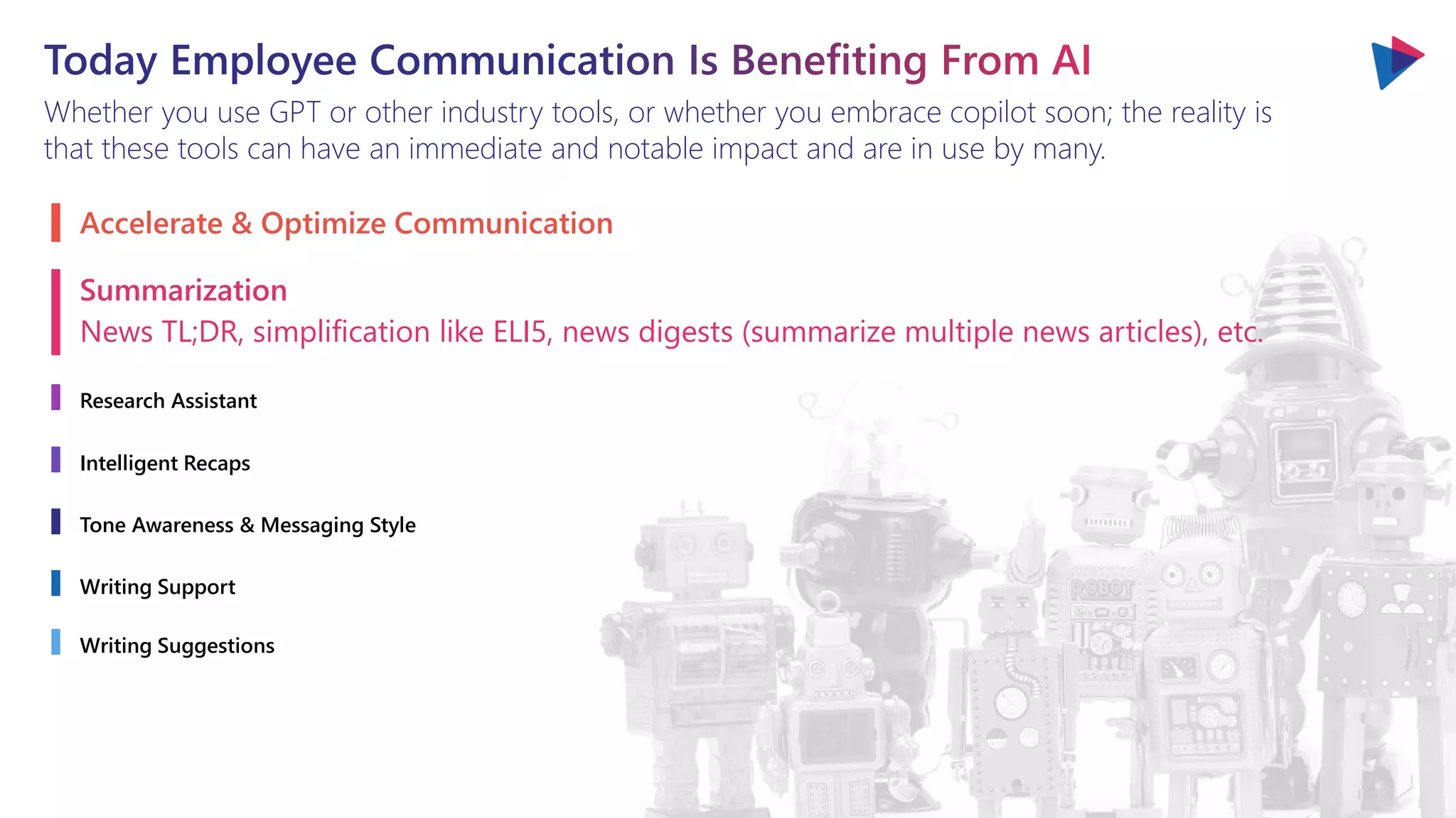 Whether you use GPT or other industry tools, or whether you embrace copilot soon; the reality is
that these tools can have an immediate and notable impact and are in use by many.
Accelerate & Optimize Communication
Summarization
News TL;DR, simplification like ELI5, news digests (summarize multiple news articles), etc.
Research Assistant
Intelligent Recaps
Tone Awareness & Messaging Style
Writing Support
Writing Suggestions
 