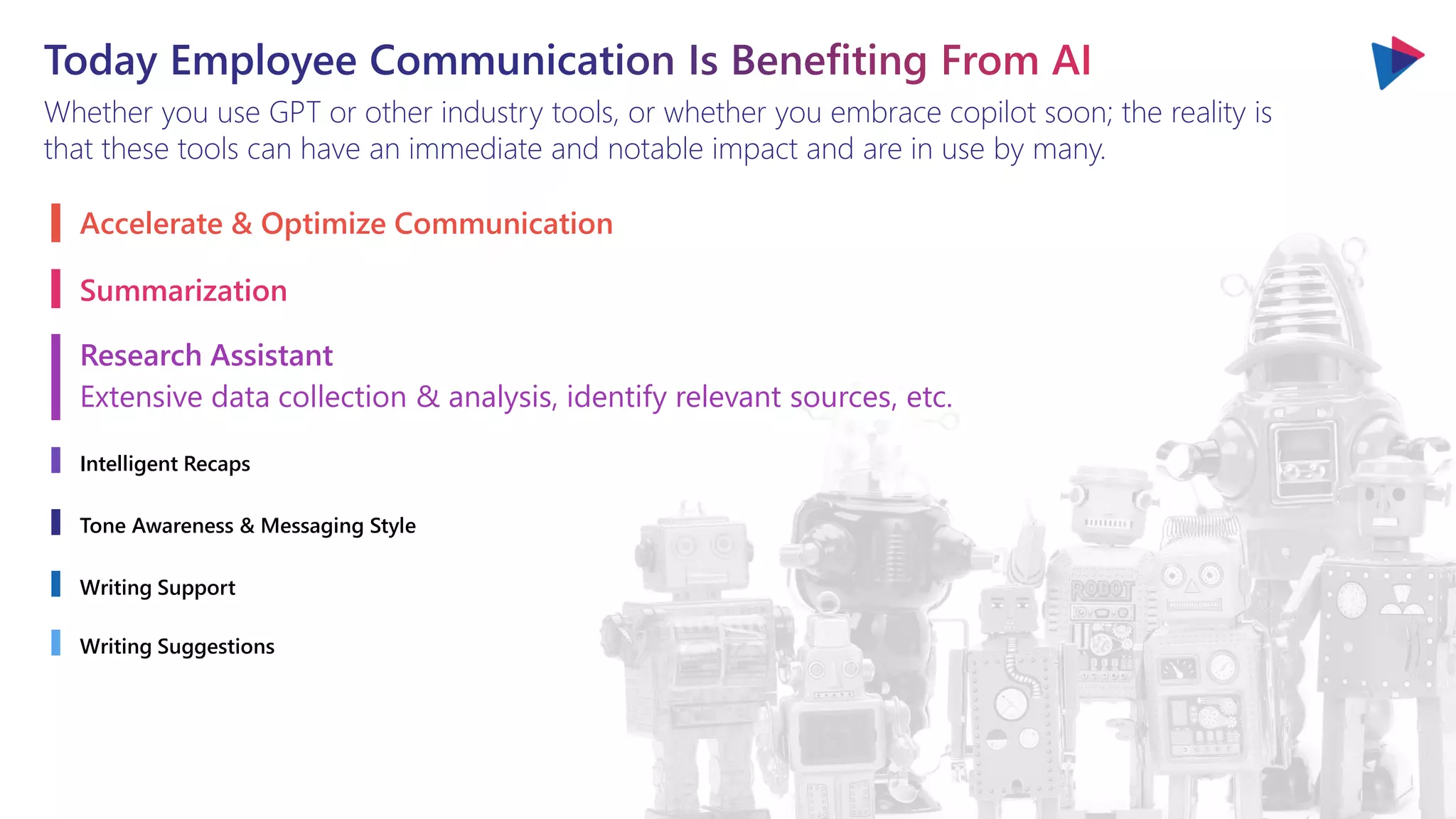 Whether you use GPT or other industry tools, or whether you embrace copilot soon; the reality is
that these tools can have an immediate and notable impact and are in use by many.
Accelerate & Optimize Communication
Summarization
Research Assistant
Extensive data collection & analysis, identify relevant sources, etc.
Intelligent Recaps
Tone Awareness & Messaging Style
Writing Support
Writing Suggestions
 