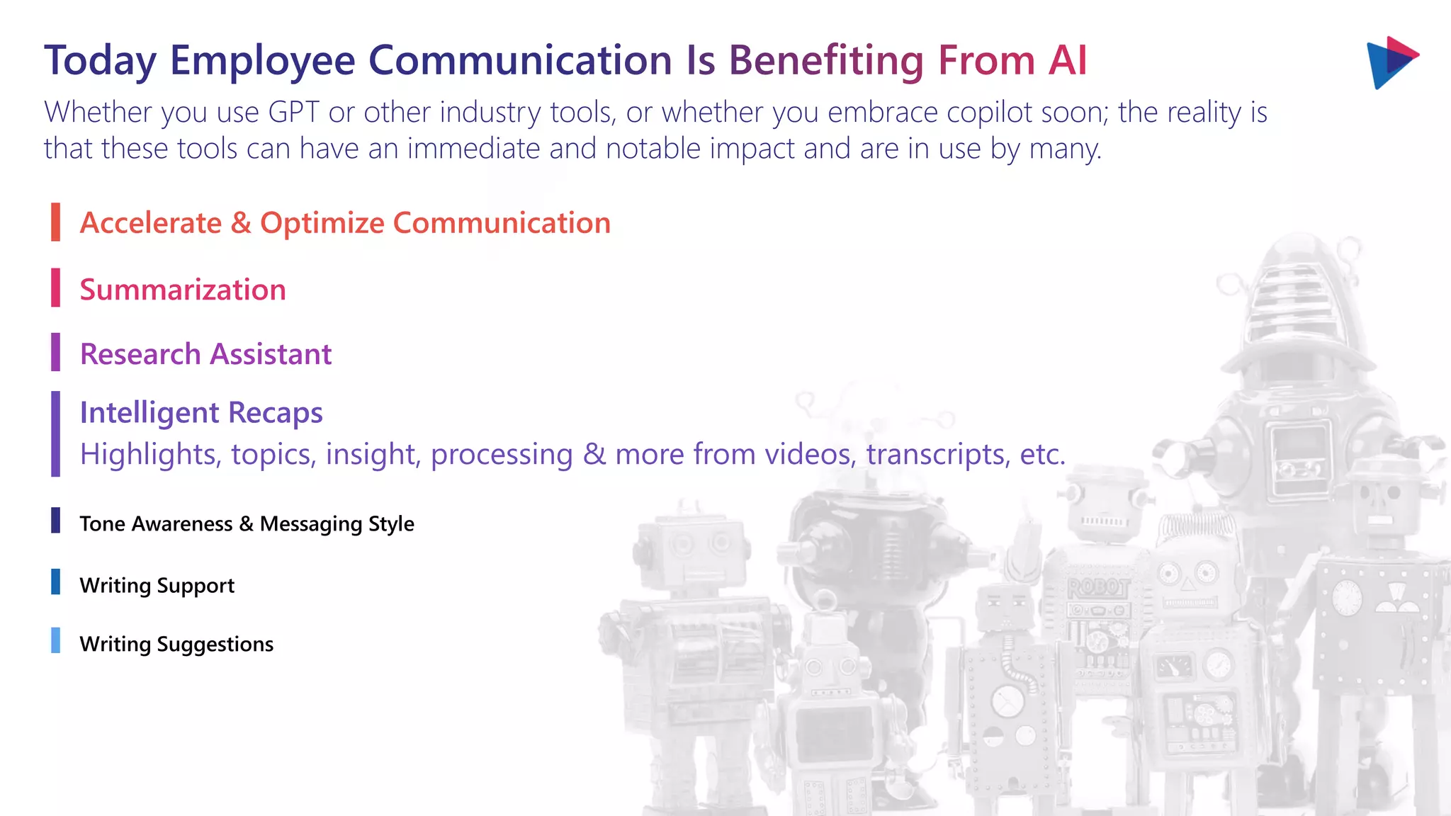 Whether you use GPT or other industry tools, or whether you embrace copilot soon; the reality is
that these tools can have an immediate and notable impact and are in use by many.
Accelerate & Optimize Communication
Summarization
Research Assistant
Intelligent Recaps
Highlights, topics, insight, processing & more from videos, transcripts, etc.
Tone Awareness & Messaging Style
Writing Support
Writing Suggestions
 