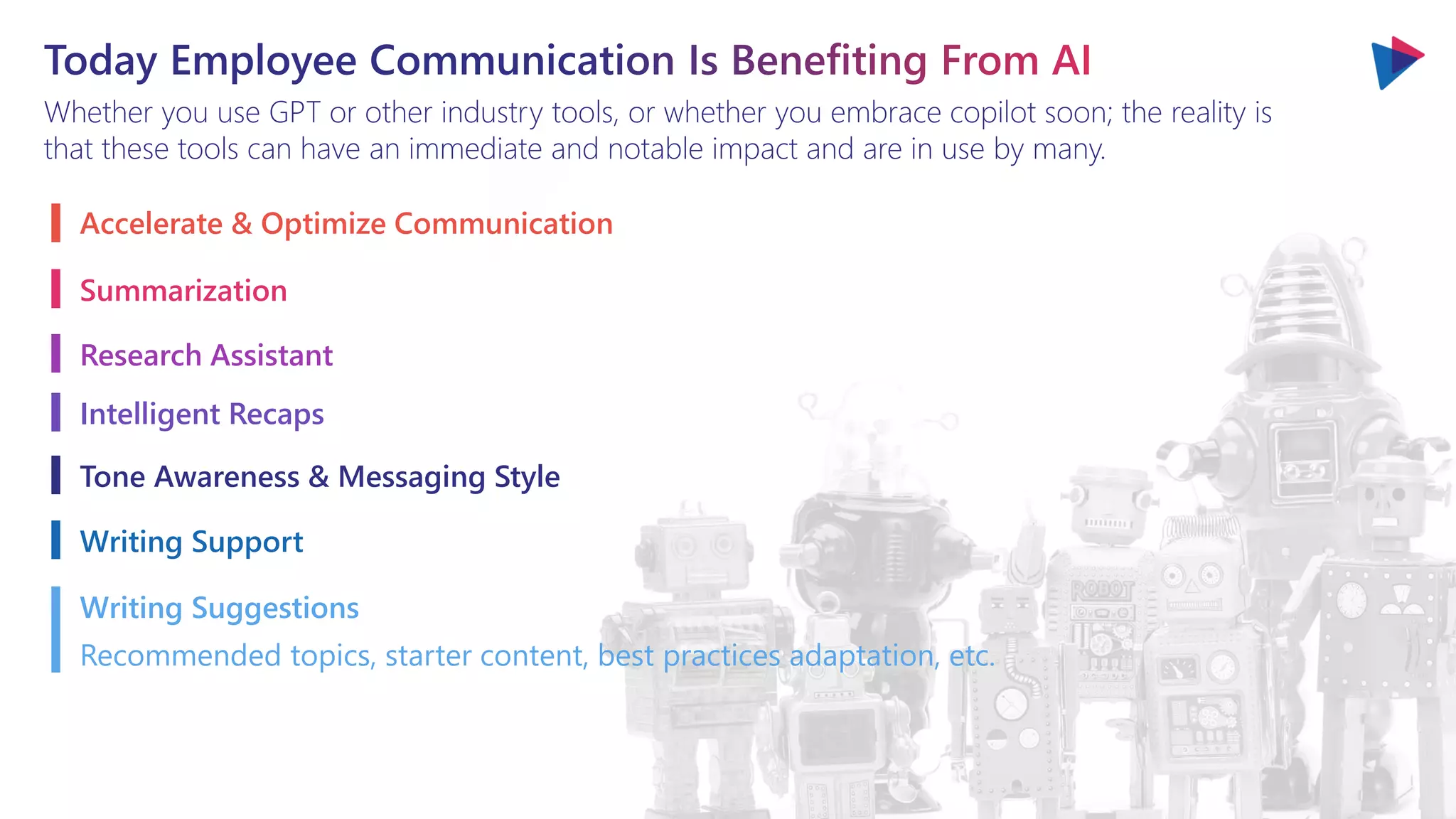 Whether you use GPT or other industry tools, or whether you embrace copilot soon; the reality is
that these tools can have an immediate and notable impact and are in use by many.
Writing Suggestions
Recommended topics, starter content, best practices adaptation, etc.
Accelerate & Optimize Communication
Summarization
Research Assistant
Intelligent Recaps
Tone Awareness & Messaging Style
Writing Support
 