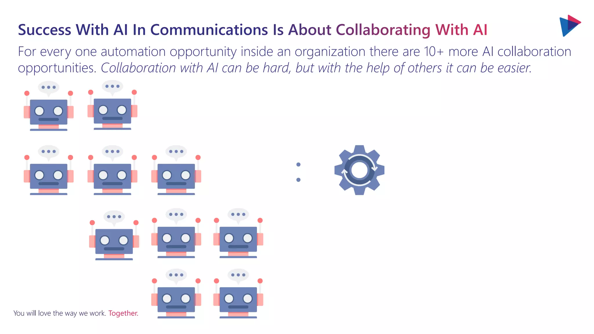 You will love the way we work. Together.
For every one automation opportunity inside an organization there are 10+ more AI collaboration
opportunities. Collaboration with AI can be hard, but with the help of others it can be easier.
:
 