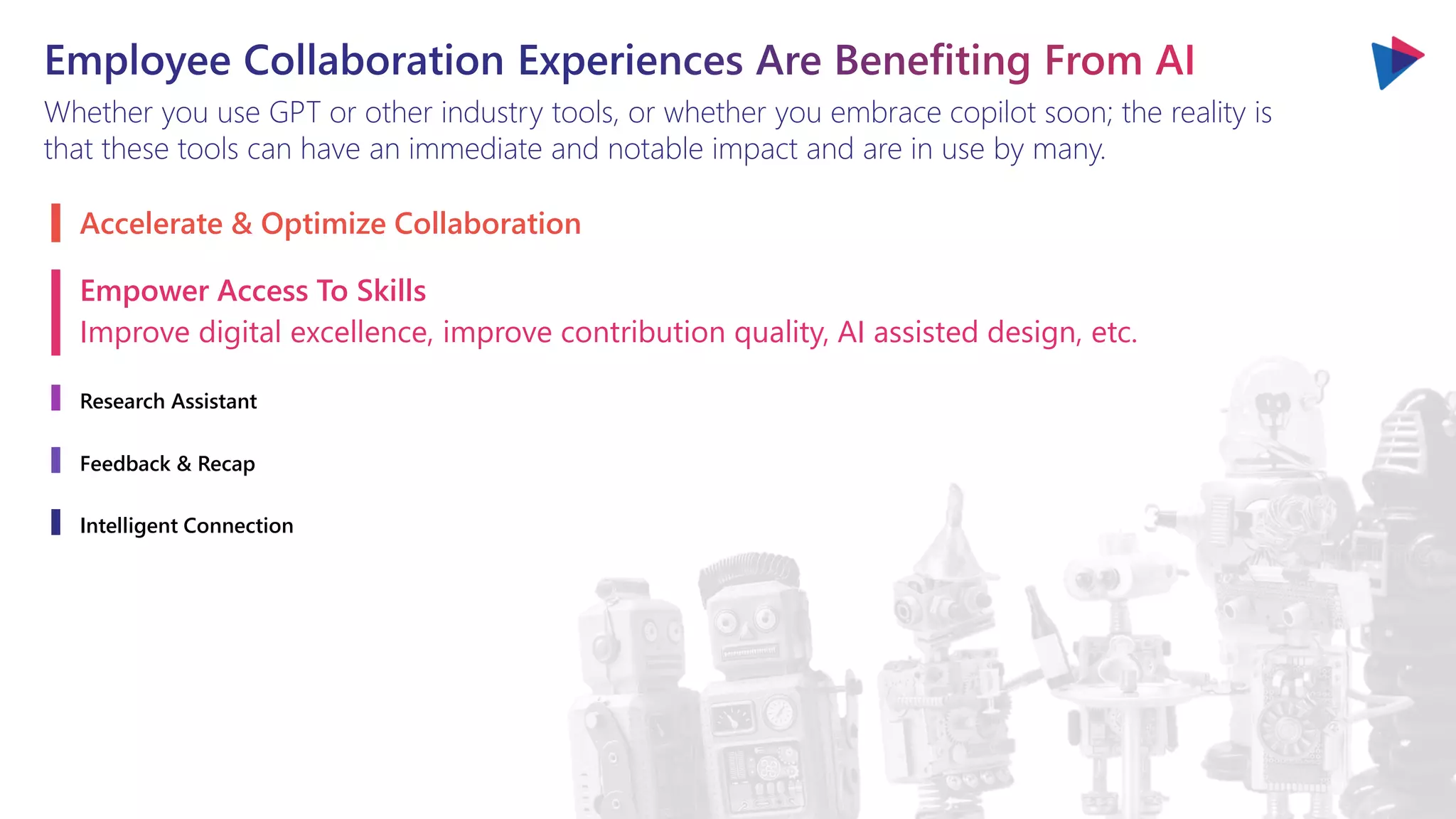 Whether you use GPT or other industry tools, or whether you embrace copilot soon; the reality is
that these tools can have an immediate and notable impact and are in use by many.
Accelerate & Optimize Collaboration
Empower Access To Skills
Improve digital excellence, improve contribution quality, AI assisted design, etc.
Research Assistant
Feedback & Recap
Intelligent Connection
 