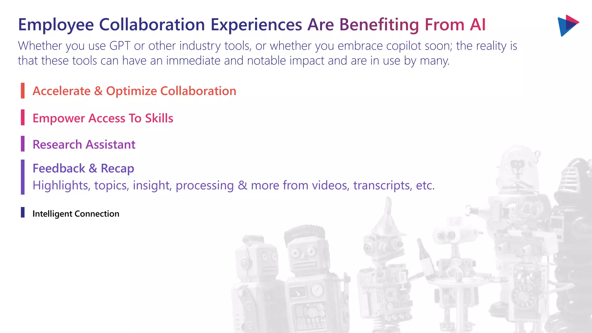 Whether you use GPT or other industry tools, or whether you embrace copilot soon; the reality is
that these tools can have an immediate and notable impact and are in use by many.
Accelerate & Optimize Collaboration
Empower Access To Skills
Research Assistant
Feedback & Recap
Highlights, topics, insight, processing & more from videos, transcripts, etc.
Intelligent Connection
 