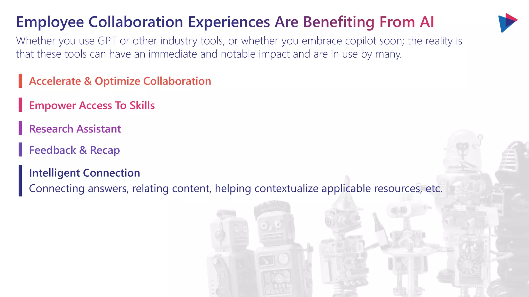 Whether you use GPT or other industry tools, or whether you embrace copilot soon; the reality is
that these tools can have an immediate and notable impact and are in use by many.
Accelerate & Optimize Collaboration
Empower Access To Skills
Research Assistant
Feedback & Recap
Intelligent Connection
Connecting answers, relating content, helping contextualize applicable resources, etc.
 