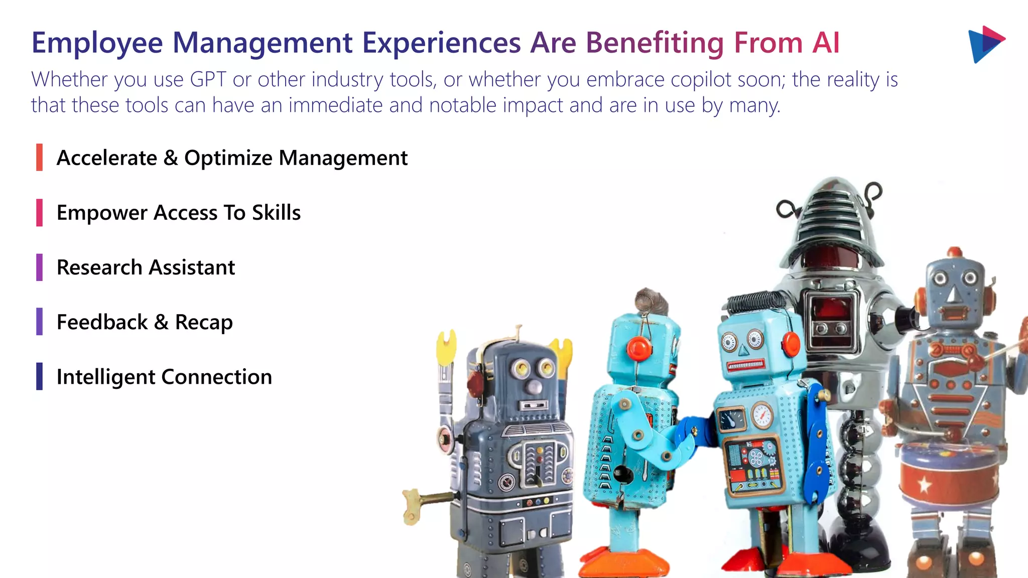 Whether you use GPT or other industry tools, or whether you embrace copilot soon; the reality is
that these tools can have an immediate and notable impact and are in use by many.
Accelerate & Optimize Management
Empower Access To Skills
Research Assistant
Feedback & Recap
Intelligent Connection
 
