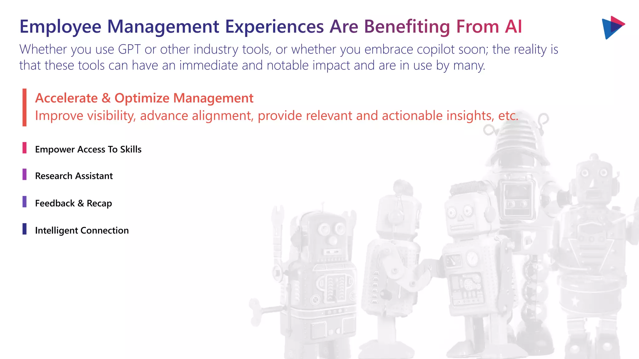 Whether you use GPT or other industry tools, or whether you embrace copilot soon; the reality is
that these tools can have an immediate and notable impact and are in use by many.
Accelerate & Optimize Management
Empower Access To Skills
Research Assistant
Feedback & Recap
Intelligent Connection
Improve visibility, advance alignment, provide relevant and actionable insights, etc.
 
