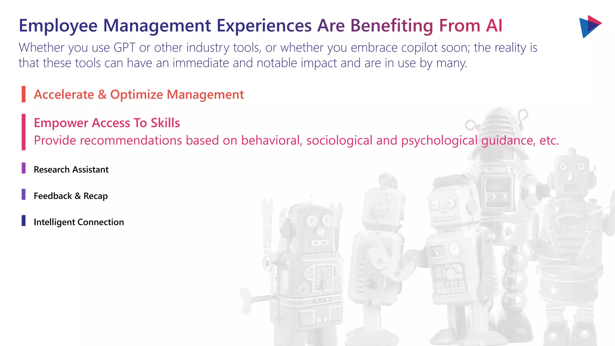 Whether you use GPT or other industry tools, or whether you embrace copilot soon; the reality is
that these tools can have an immediate and notable impact and are in use by many.
Accelerate & Optimize Management
Empower Access To Skills
Provide recommendations based on behavioral, sociological and psychological guidance, etc.
Research Assistant
Feedback & Recap
Intelligent Connection
 