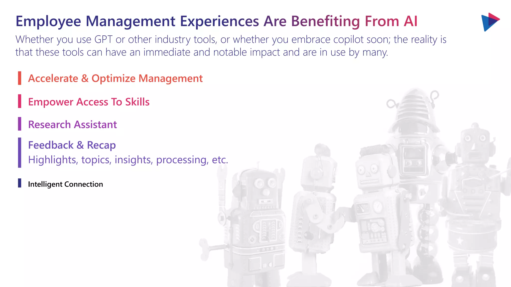Whether you use GPT or other industry tools, or whether you embrace copilot soon; the reality is
that these tools can have an immediate and notable impact and are in use by many.
Accelerate & Optimize Management
Empower Access To Skills
Research Assistant
Feedback & Recap
Highlights, topics, insights, processing, etc.
Intelligent Connection
 