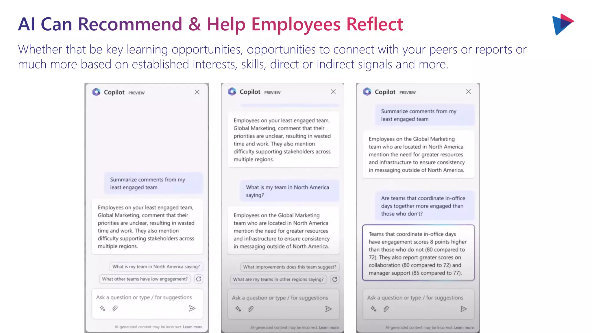 Whether that be key learning opportunities, opportunities to connect with your peers or reports or
much more based on established interests, skills, direct or indirect signals and more.
 