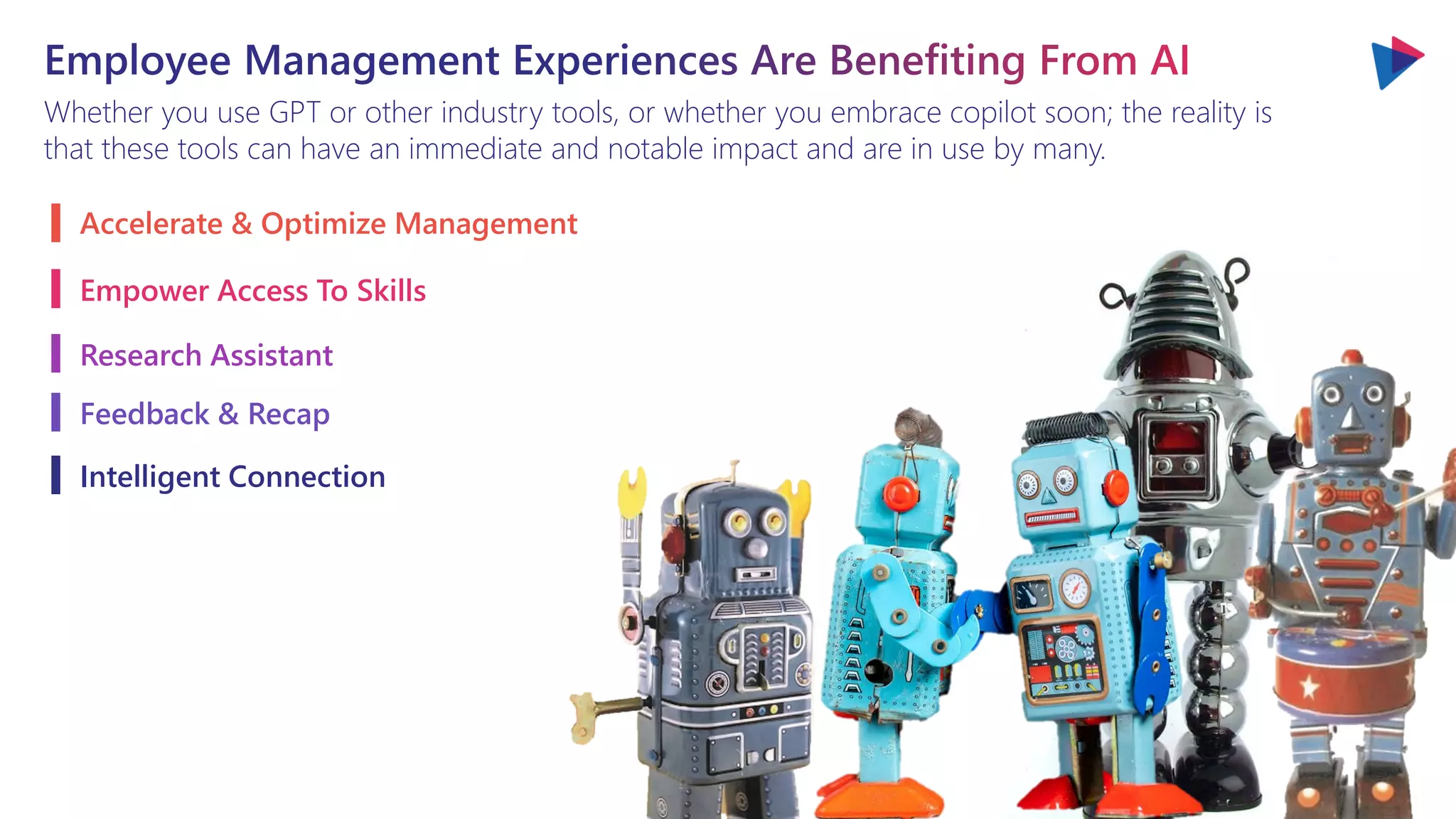 Whether you use GPT or other industry tools, or whether you embrace copilot soon; the reality is
that these tools can have an immediate and notable impact and are in use by many.
Accelerate & Optimize Management
Empower Access To Skills
Research Assistant
Feedback & Recap
Intelligent Connection
 