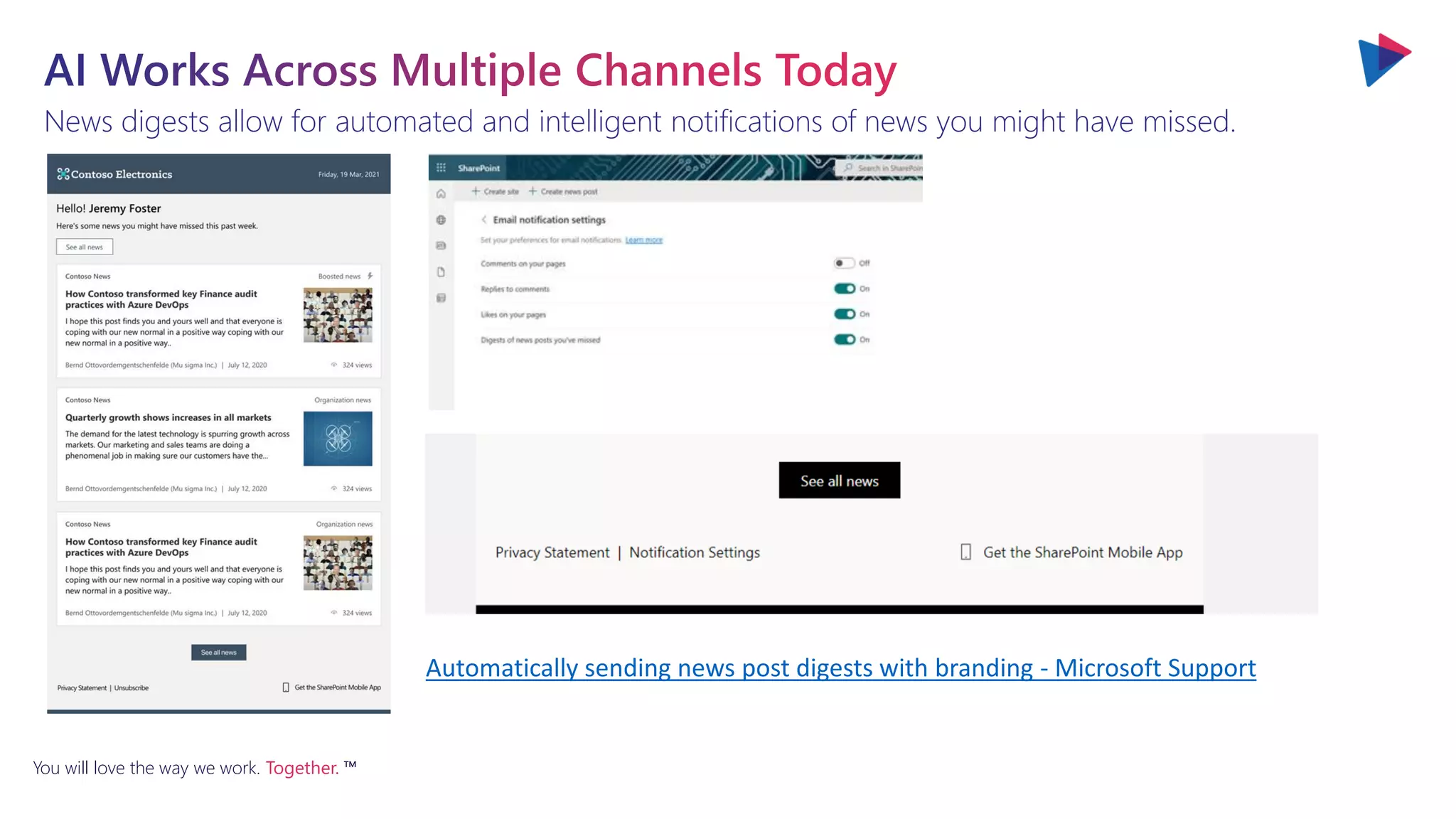 You will love the way we work. Together. ™
News digests allow for automated and intelligent notifications of news you might have missed.
Automatically sending news post digests with branding - Microsoft Support
 