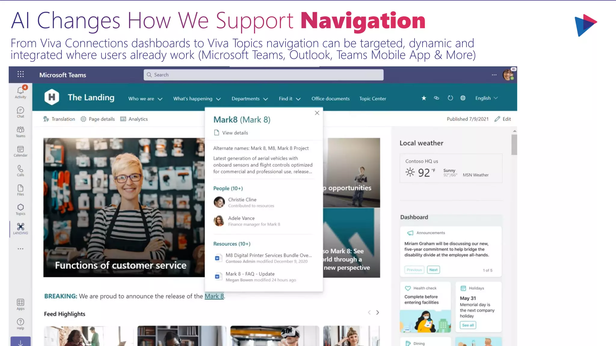 From Viva Connections dashboards to Viva Topics navigation can be targeted, dynamic and
integrated where users already work (Microsoft Teams, Outlook, Teams Mobile App & More)
 