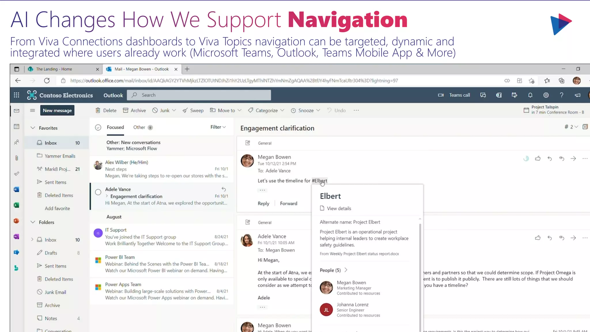 From Viva Connections dashboards to Viva Topics navigation can be targeted, dynamic and
integrated where users already work (Microsoft Teams, Outlook, Teams Mobile App & More)
 