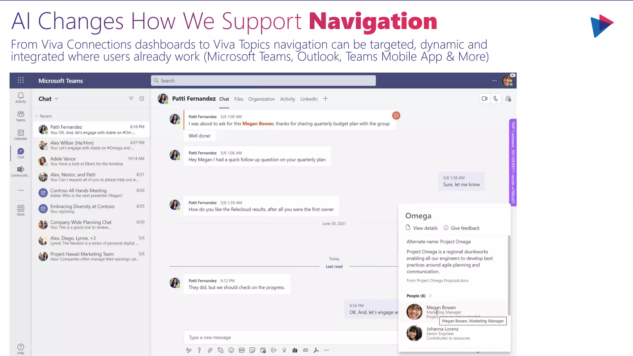 From Viva Connections dashboards to Viva Topics navigation can be targeted, dynamic and
integrated where users already work (Microsoft Teams, Outlook, Teams Mobile App & More)
 