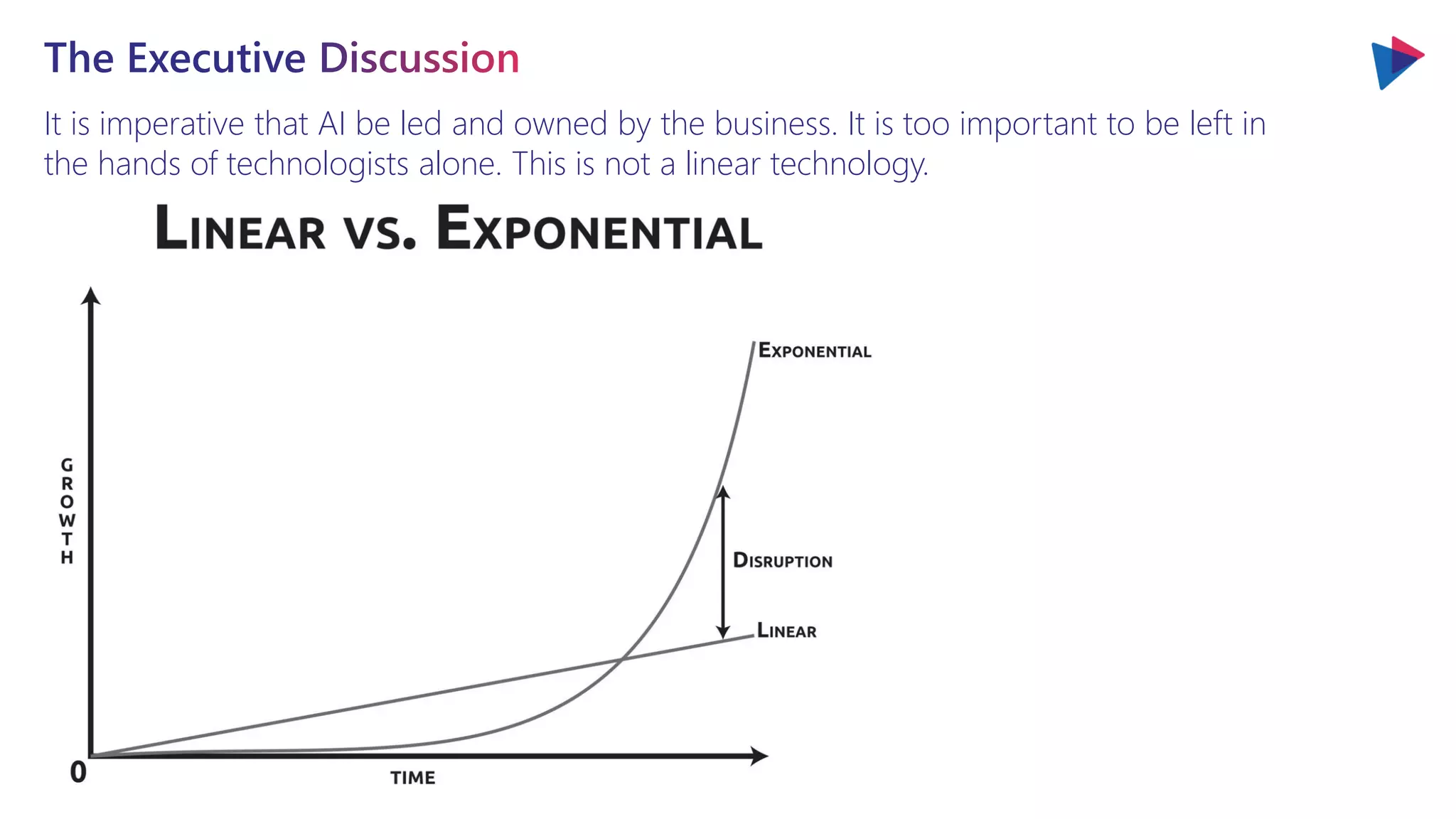 It is imperative that AI be led and owned by the business. It is too important to be left in
the hands of technologists alone. This is not a linear technology.
 