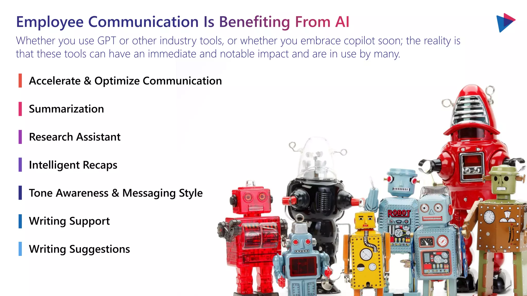 Whether you use GPT or other industry tools, or whether you embrace copilot soon; the reality is
that these tools can have an immediate and notable impact and are in use by many.
Accelerate & Optimize Communication
Summarization
Research Assistant
Intelligent Recaps
Tone Awareness & Messaging Style
Writing Support
Writing Suggestions
 