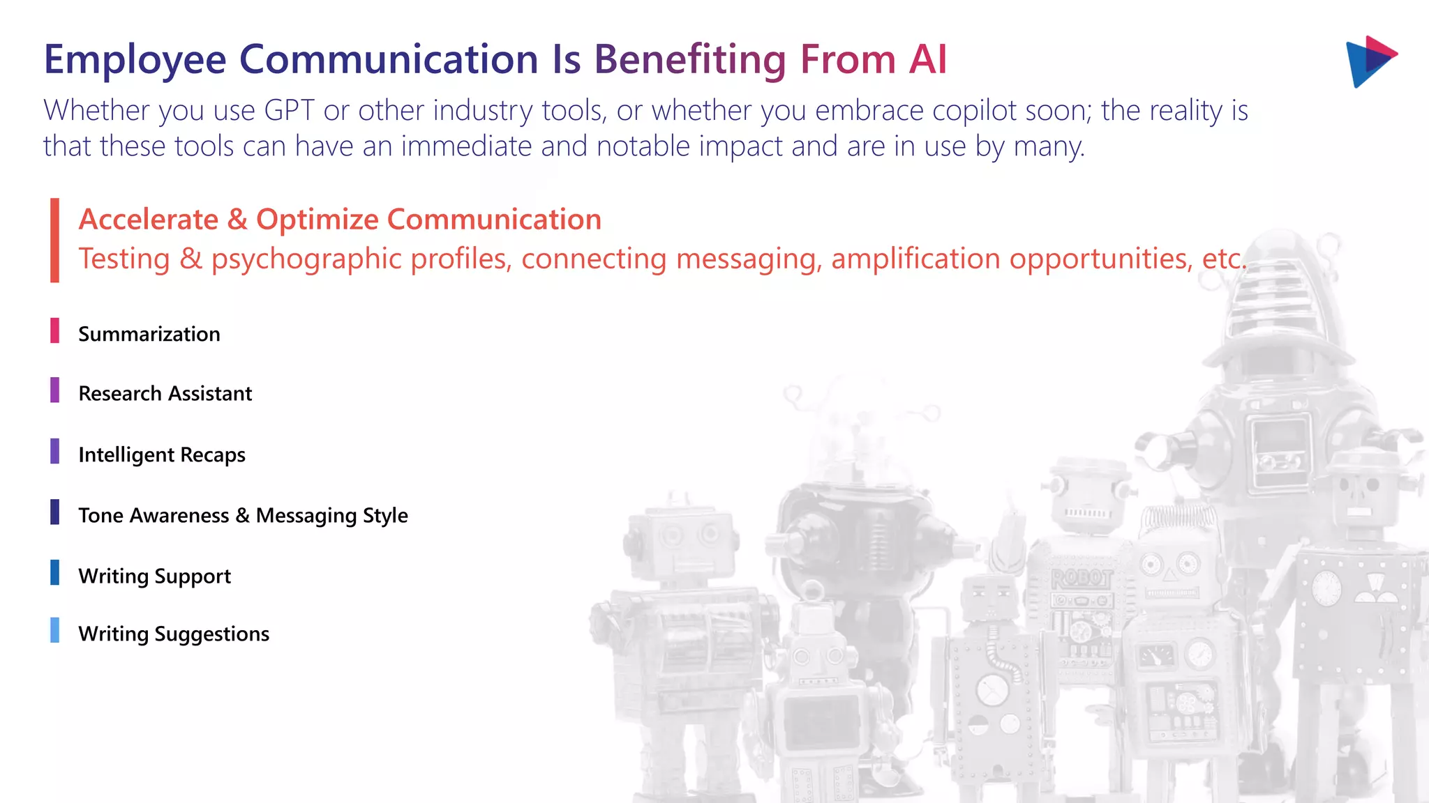 Whether you use GPT or other industry tools, or whether you embrace copilot soon; the reality is
that these tools can have an immediate and notable impact and are in use by many.
Accelerate & Optimize Communication
Summarization
Research Assistant
Intelligent Recaps
Tone Awareness & Messaging Style
Writing Support
Writing Suggestions
Testing & psychographic profiles, connecting messaging, amplification opportunities, etc.
 