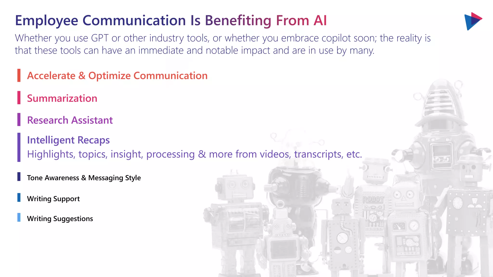 Whether you use GPT or other industry tools, or whether you embrace copilot soon; the reality is
that these tools can have an immediate and notable impact and are in use by many.
Accelerate & Optimize Communication
Summarization
Research Assistant
Intelligent Recaps
Highlights, topics, insight, processing & more from videos, transcripts, etc.
Tone Awareness & Messaging Style
Writing Support
Writing Suggestions
 