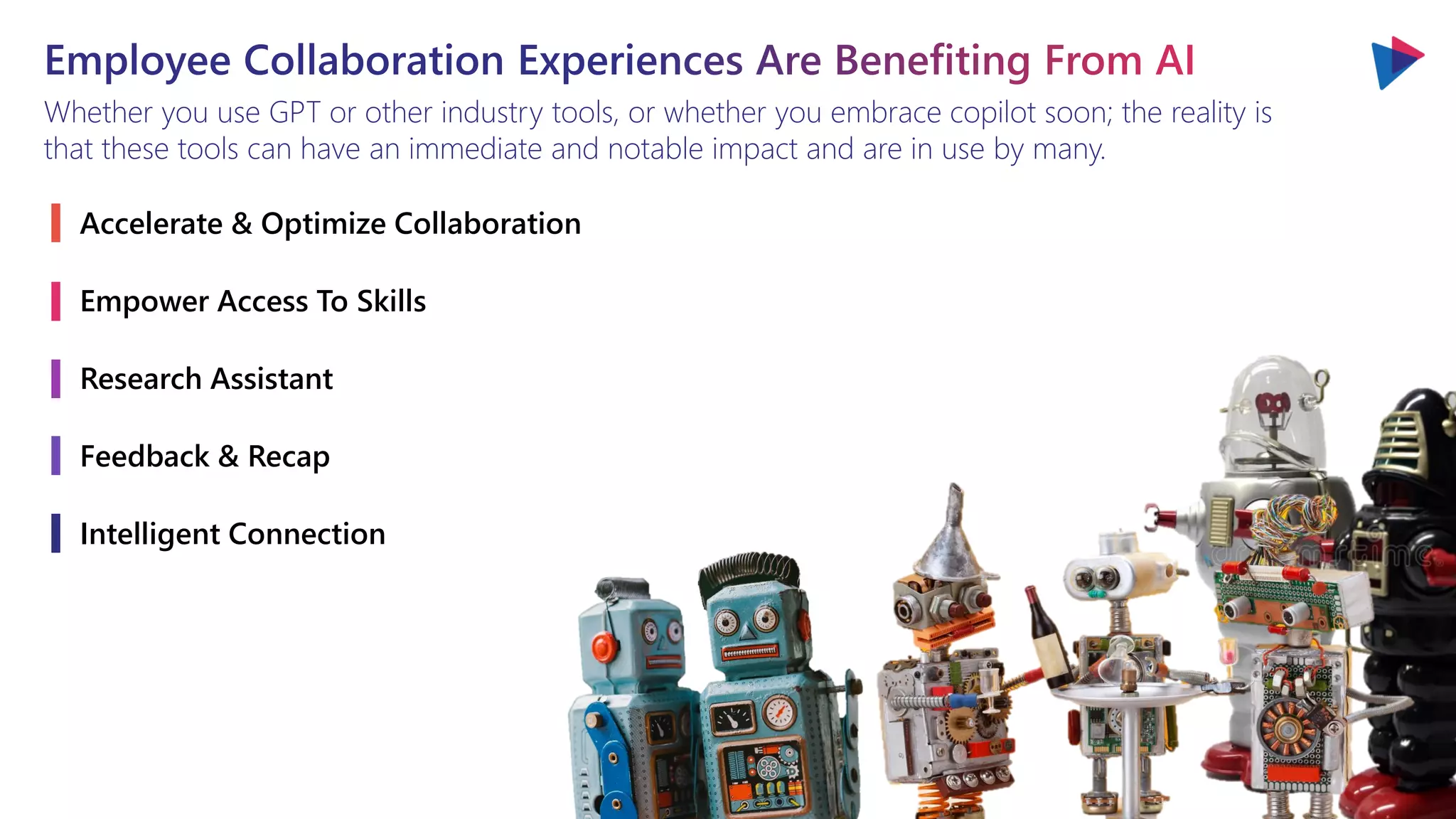 Whether you use GPT or other industry tools, or whether you embrace copilot soon; the reality is
that these tools can have an immediate and notable impact and are in use by many.
Accelerate & Optimize Collaboration
Empower Access To Skills
Research Assistant
Feedback & Recap
Intelligent Connection
 