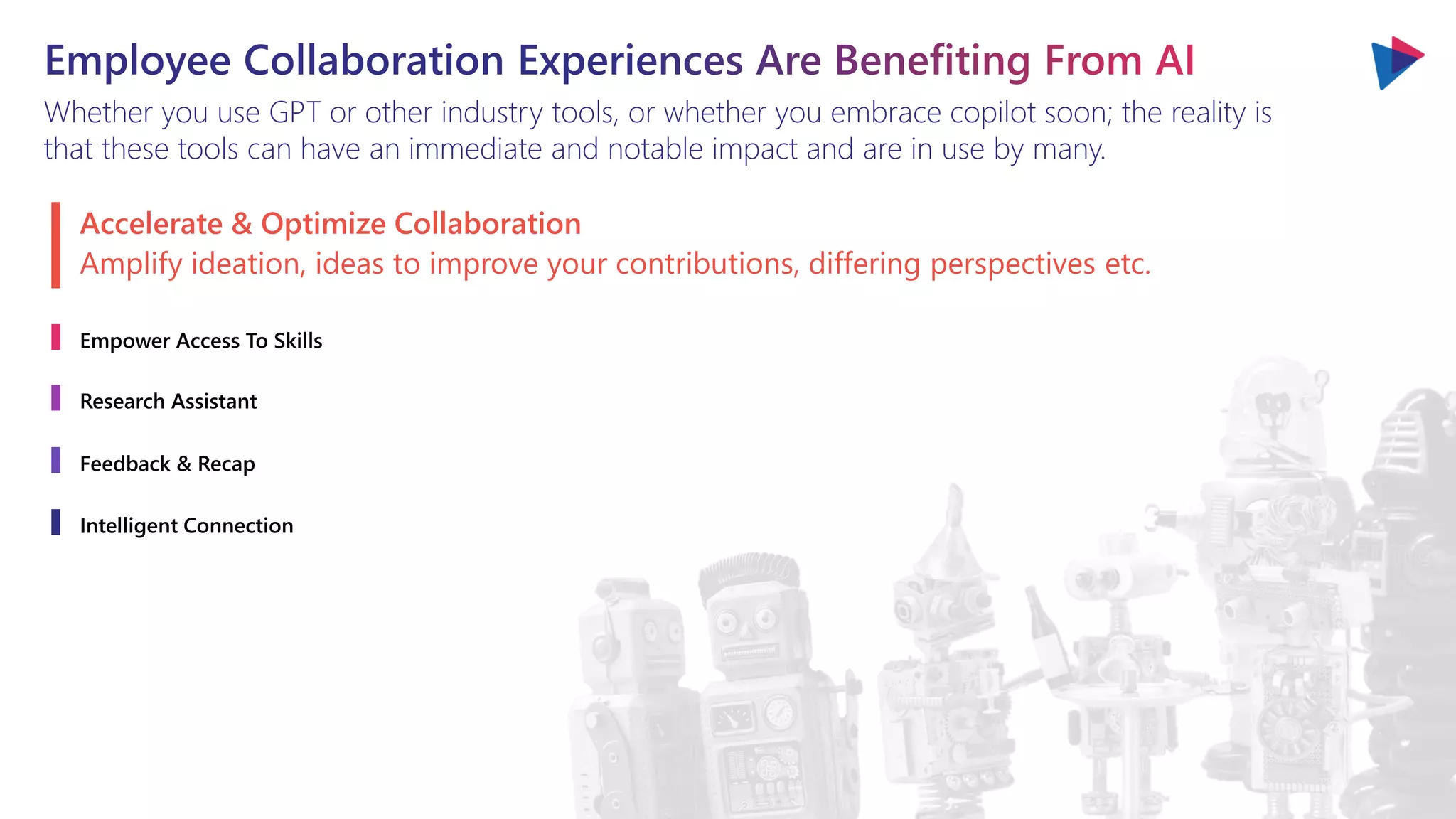 Whether you use GPT or other industry tools, or whether you embrace copilot soon; the reality is
that these tools can have an immediate and notable impact and are in use by many.
Accelerate & Optimize Collaboration
Empower Access To Skills
Research Assistant
Feedback & Recap
Intelligent Connection
Amplify ideation, ideas to improve your contributions, differing perspectives etc.
 