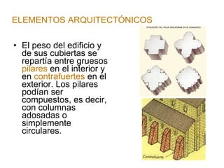 El peso del edificio y de sus cubiertas se repartía entre gruesos  pilares  en el interior y en  contrafuertes  en el exterior. Los pilares podían ser compuestos, es decir, con columnas adosadas o simplemente circulares. ELEMENTOS ARQUITECTÓNICOS 