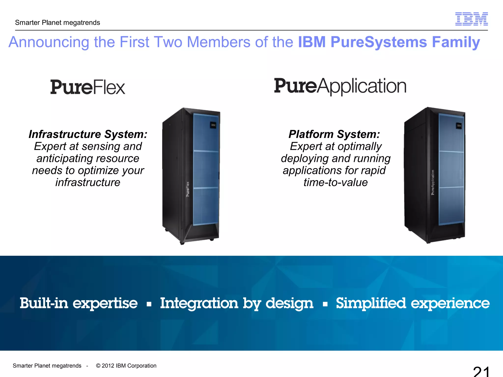Smarter Planet megatrends
Smarter Planet megatrends - © 2012 IBM Corporation
Announcing the First Two Members of the IBM PureSystems Family
Infrastructure System:
Expert at sensing and
anticipating resource
needs to optimize your
infrastructure
Platform System:
Expert at optimally
deploying and running
applications for rapid
time-to-value
 