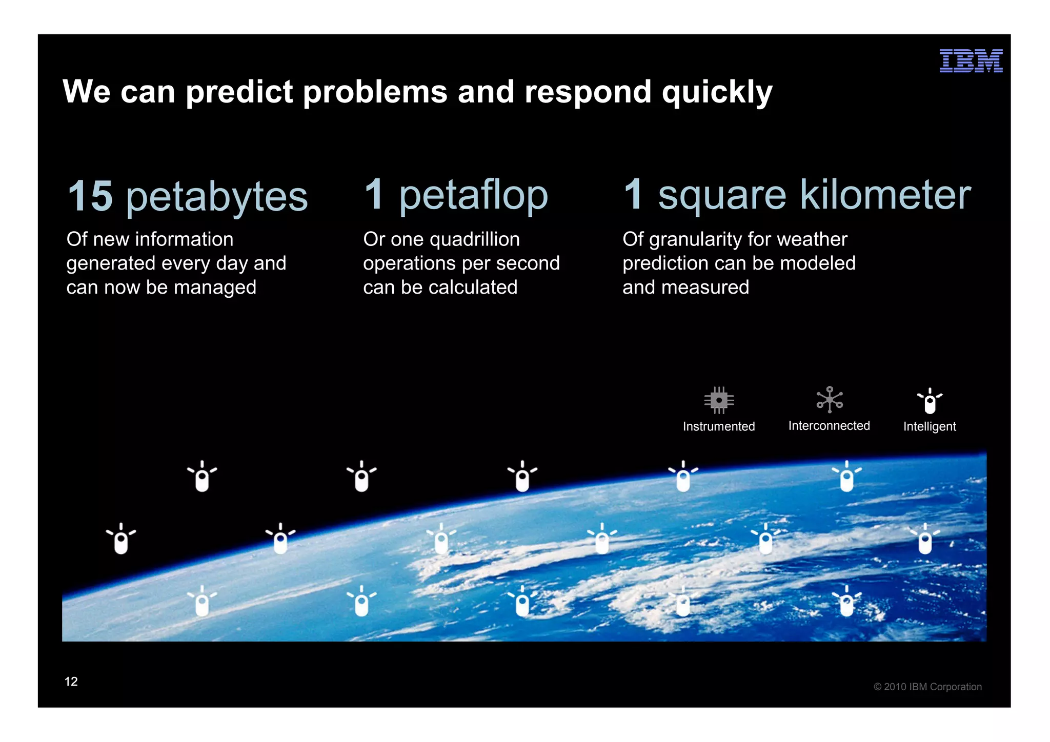 We can predict problems and respond quickly


15 petabytes              1 petaflop              1 square kilometer
Of new information        Or one quadrillion      Of granularity for weather
generated every day and   operations per second   prediction can be modeled
can now be managed        can be calculated       and measured




                                                        Instrumented   Interconnected        Intelligent




12                                                                                      © 2010 IBM Corporation
 