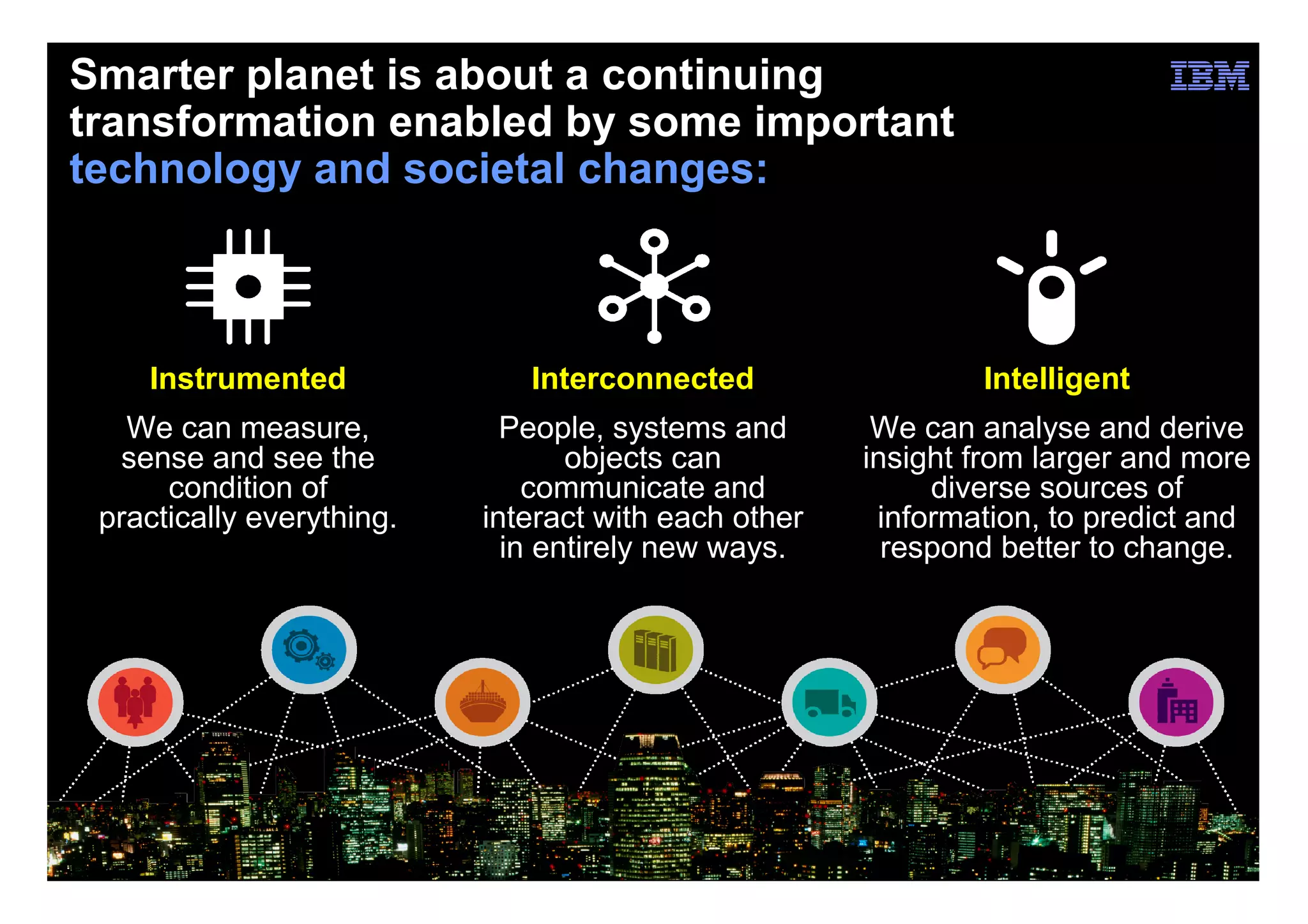 Smarter planet is about a continuing
transformation enabled by some important
technology and societal changes:



    Instrumented              Interconnected                  Intelligent
   We can measure,           People, systems and       We can analyse and derive
   sense and see the              objects can         insight from larger and more
      condition of             communicate and             diverse sources of
 practically everything.   interact with each other    information, to predict and
                             in entirely new ways.      respond better to change.




                                                                      © 2010 IBM Corporation
 