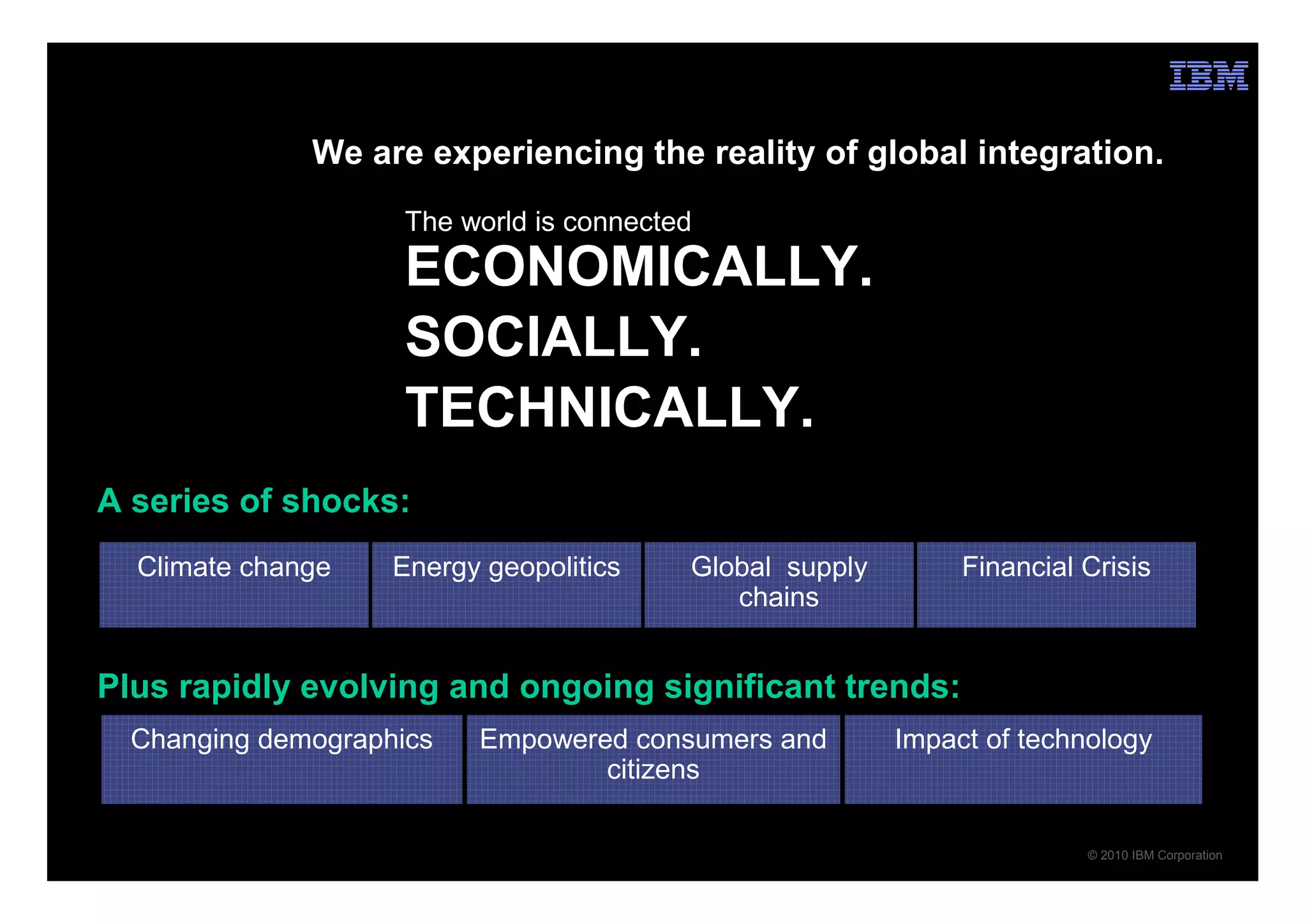We are experiencing the reality of global integration.
                     The world is connected
                     ECONOMICALLY.
                     SOCIALLY.
                     TECHNICALLY.
A series of shocks:
  Climate change    Energy geopolitics    Global supply        Financial Crisis
                                             chains


Plus rapidly evolving and ongoing significant trends:
  Changing demographics   Empowered consumers and         Impact of technology
                                  citizens

                                                                         © 2010 IBM Corporation
 