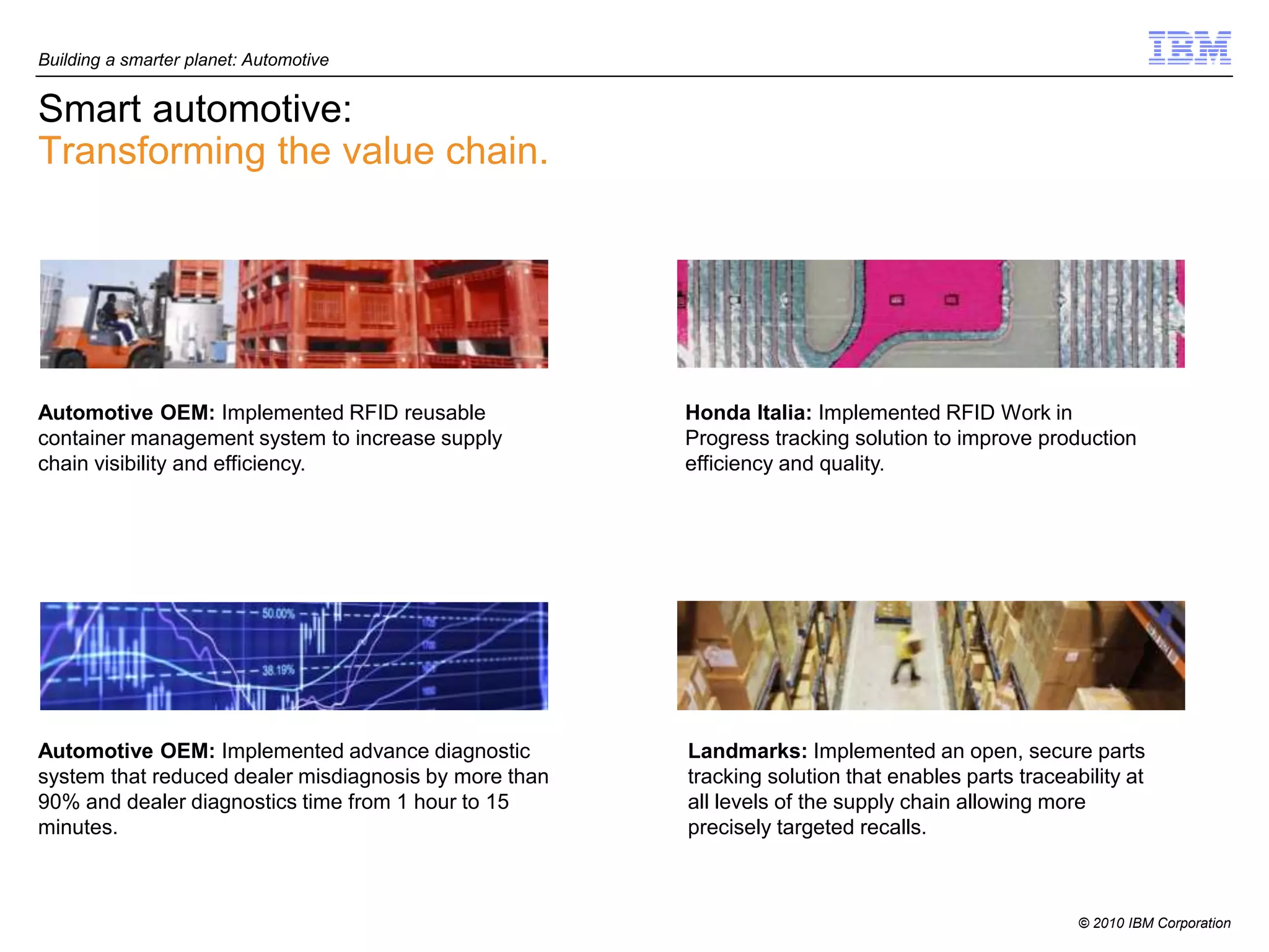 Building a smarter planet: Automotive


Smart automotive:
Transforming the value chain.




Automotive OEM: Implemented RFID reusable              Honda Italia: Implemented RFID Work in
container management system to increase supply         Progress tracking solution to improve production
chain visibility and efficiency.                       efficiency and quality.




Automotive OEM: Implemented advance diagnostic         Landmarks: Implemented an open, secure parts
system that reduced dealer misdiagnosis by more than   tracking solution that enables parts traceability at
90% and dealer diagnostics time from 1 hour to 15      all levels of the supply chain allowing more
minutes.                                               precisely targeted recalls.



                                                                                                   © 2010 IBM Corporation
 