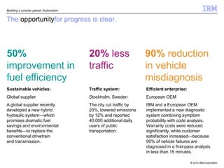 Building a smarter planet: Automotive


The opportunityfor progress is clear.




50%                                     20% less                  90% reduction
improvement in                          traffic                   in vehicle
fuel efficiency                                                   misdiagnosis
Sustainable vehicles:                   Traffic system:           Efficient enterprise:
Global supplier                         Stockholm, Sweden         European OEM
A global supplier recently              The city cut traffic by   IBM and a European OEM
developed a new hybrid                  20%, lowered emissions    implemented a new diagnostic
hydraulic system—which                  by 12% and reported       system combining symptom
promises dramatic fuel                  40,000 additional daily   probability with code analysis.
savings and environmental               users of public           Warranty costs were reduced
benefits—to replace the                 transportation.           significantly, while customer
conventional drivetrain                                           satisfaction increased—because
and transmission.                                                 90% of vehicle failures are
                                                                  diagnosed in a first-pass analysis
                                                                  in less than 15 minutes.

                                                                                          © 2010 IBM Corporation
 