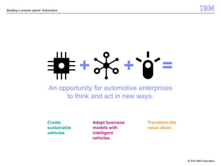Building a smarter planet: Automotive




                                           +                +         =
                              An opportunity for automotive enterprises
                                   to think and act in new ways.


                             Create            Adapt business   Transform the
                             sustainable       models with      value chain.
                             vehicles.         intelligent
                                               vehicles.




                                                                                © 2010 IBM Corporation
 